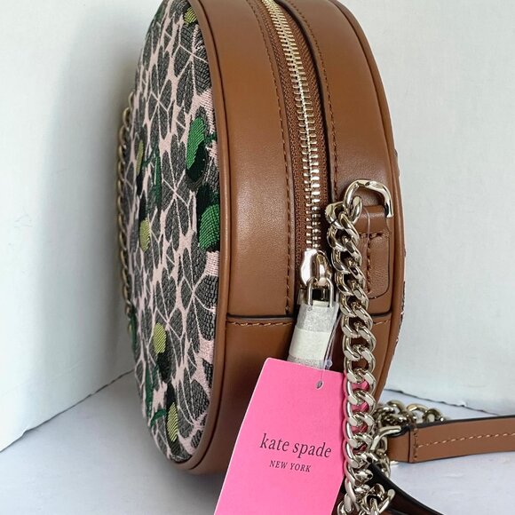 Kate Spade Cherry Jacquard Canteen Round Crossbody Brown Floral Leather - Picture 11 of 13